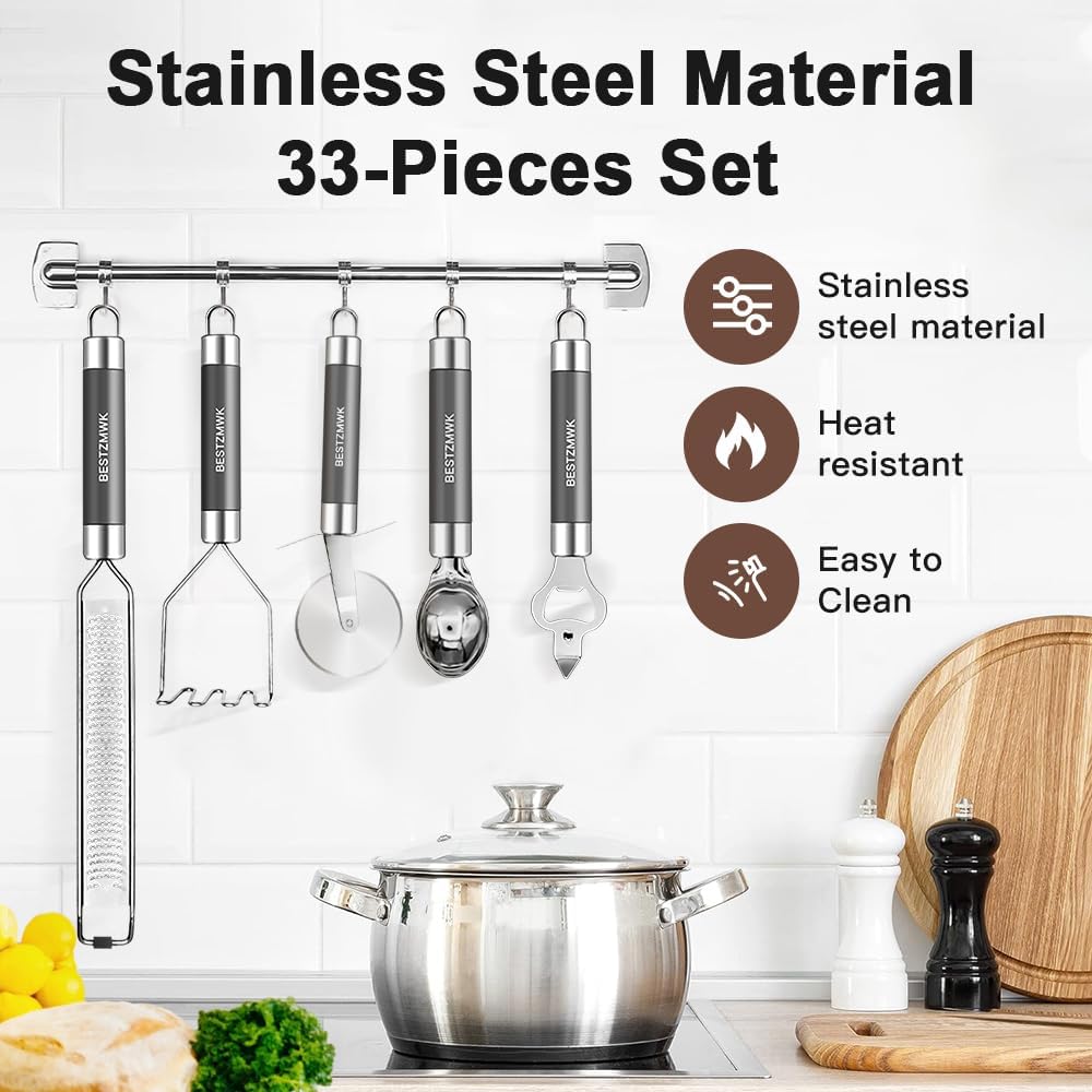 Kitchen Utensils Set-Silicone Cooking Utensils-32pcs Non-Stick Silicone Cooking Kitchen Utensils Spatula Set with Holder-Best Kitchen Cookware with Stainless Steel Handle (Grey)