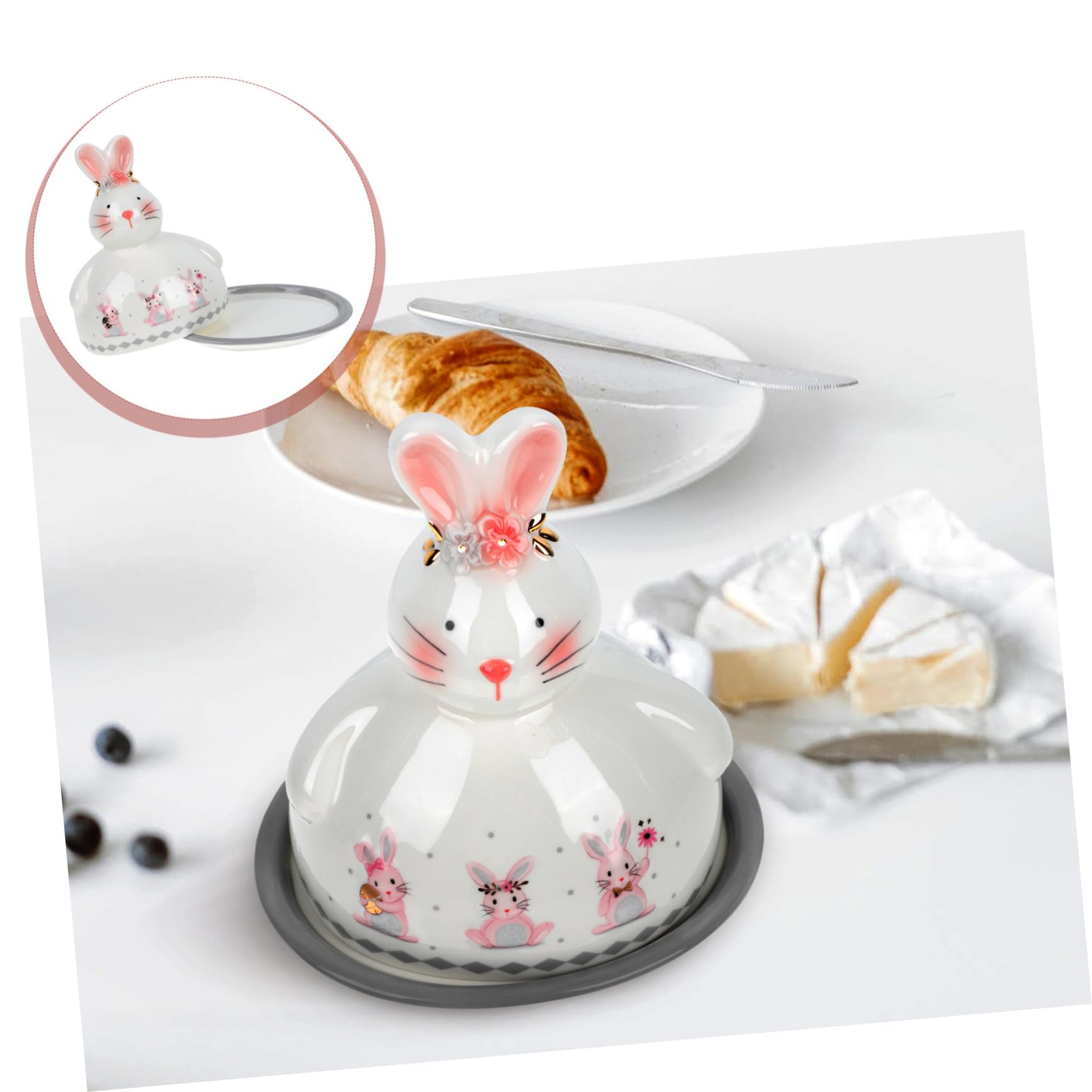 Beurrier en Céramique Lapin Couvercle, Plateau à Beurre Multifonction, Taille Standard, Blanc, Cuisine et Saveurs Maison, Plateau à Dessert et Collations Pratique
