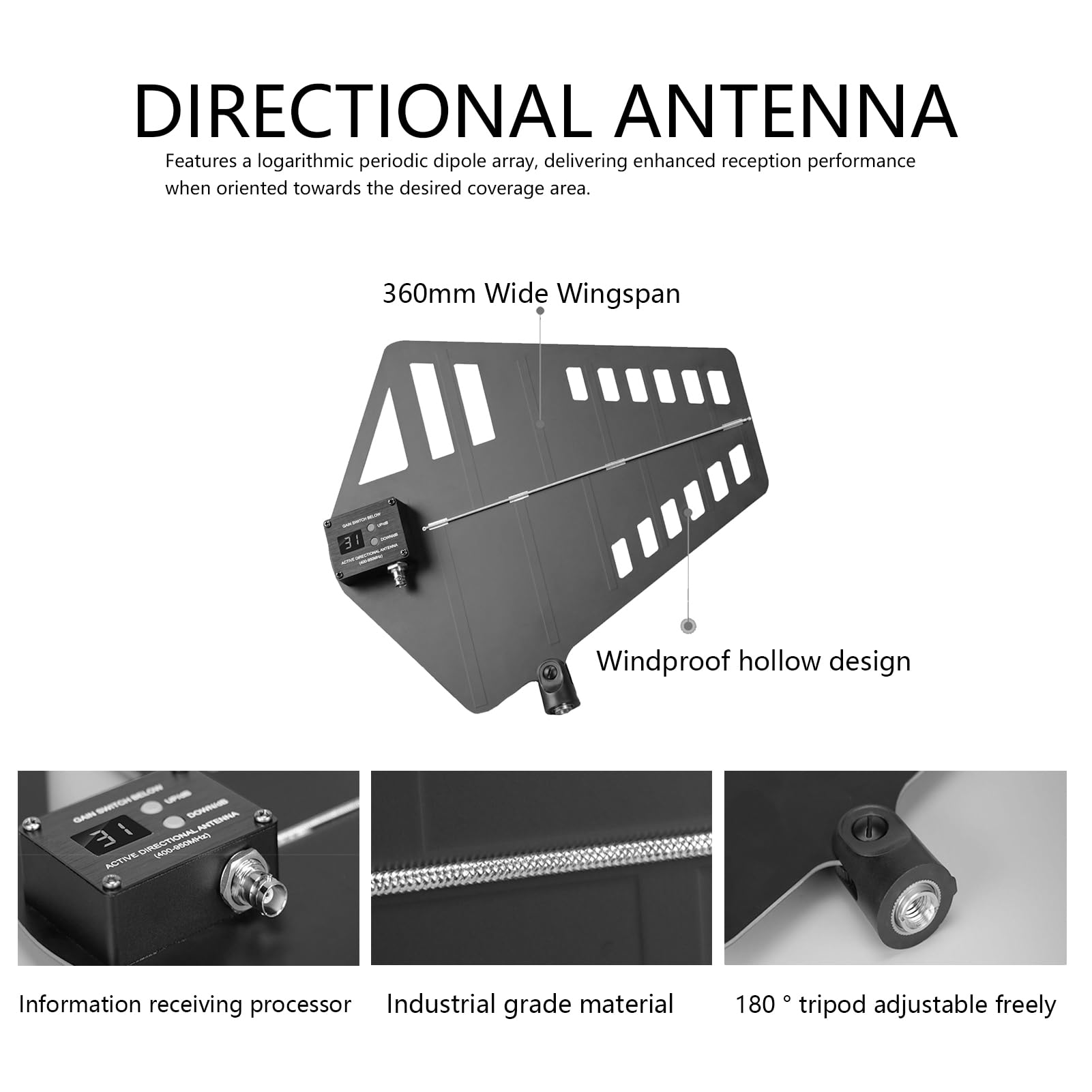 Amplificateur de signal de microphone sans fil UHF avec distribution d'antenne, dispose de 2 antennes directionnelles actives, plage de fréquences de 400 à 950 MHz, gain réglable de 31 niveaux