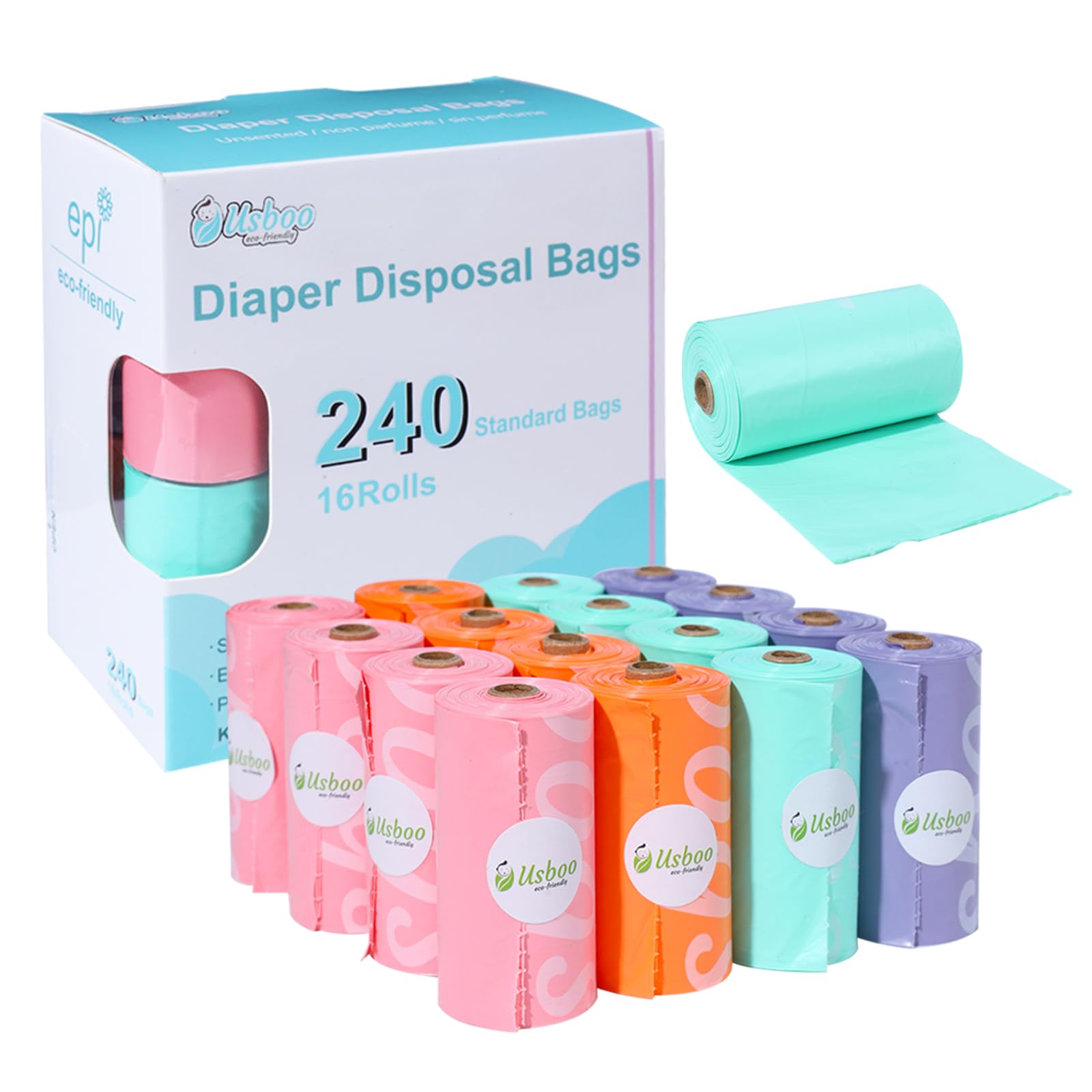 Diaper Bags Disposable for Baby, 16 Refill Rolls/240 Bags OXO-Biodegradable Waste Bags,Dirty Disposable Diaper Bags,Diaper Trash Bags,Rainbow