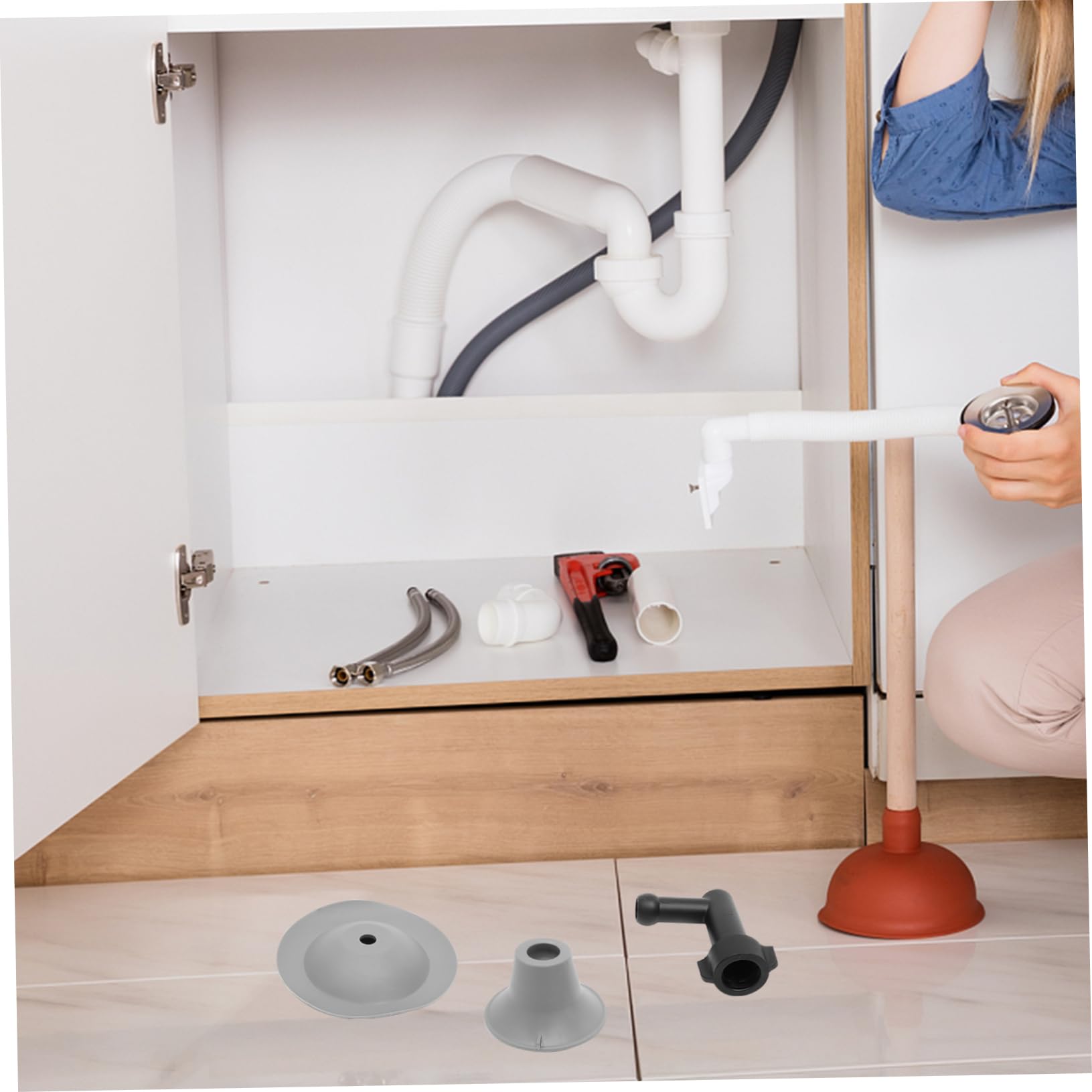 Ciieeo Desatascador de Desagüe para Obstrucción de Inodoro Flexible, Pistón, Cabeza Giratoria y Mango Ergonómico, Plástico Blanco