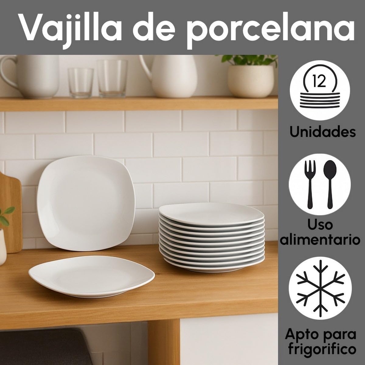 12 Platos Llanos de Porcelana Blanca - Juego de 12, Diseño Cuadrado, 25 cm, Aptos para Lavavajillas y Microondas, Color Blanco