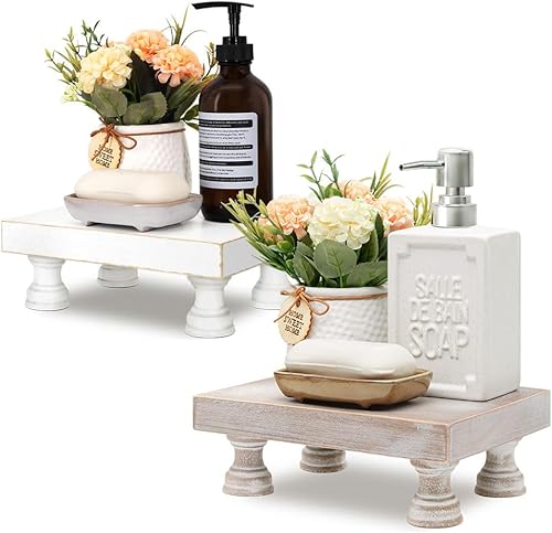 Juego de pedestal rústico de granja para decoración del hogar, elevadores de madera envejecida, soportes para jabón y bandeja de exhibición de