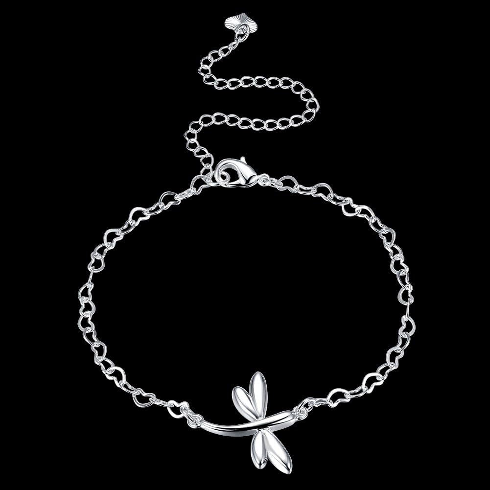 Fashion Jewelry 925 Sterling Silver Cute Dragonfly Heart Chain Anklet - Image 6