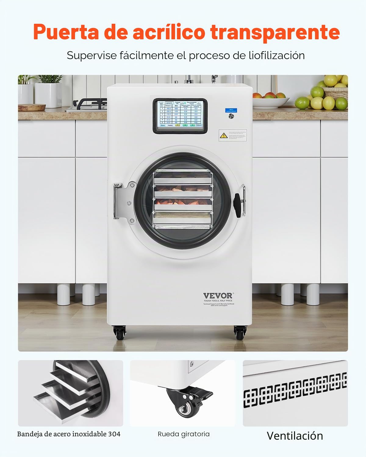 VEVOR Secadora por Congelación al Vacío Máquina de Secado por Congelación 4-6 kg Bandejas de 4 Capas Bomba de Vacío Temporizador Ajustable y Control de Temperatura para Frutas, Verduras, Blanco