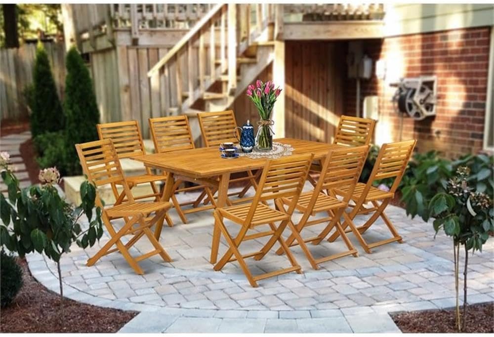 Pemberly Row 9-Piece Wood Patio Dining Set, Rubber Wood, Natural Oil Finish, Includes Rectangular Table and 8 Ladder Back Chairs, Durable Outdoor Furniture for Decks, Patios, or Backyard Spaces