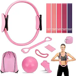 Kit Essencial de Pilates para Mulheres, Kit de Pilates para Exercícios em Casa, Equipamento de Pilates, Conjunto de Anel e Bola de Pilates com Faixas de Resistência e Bumbum, Anéis de Pilates de 38cm