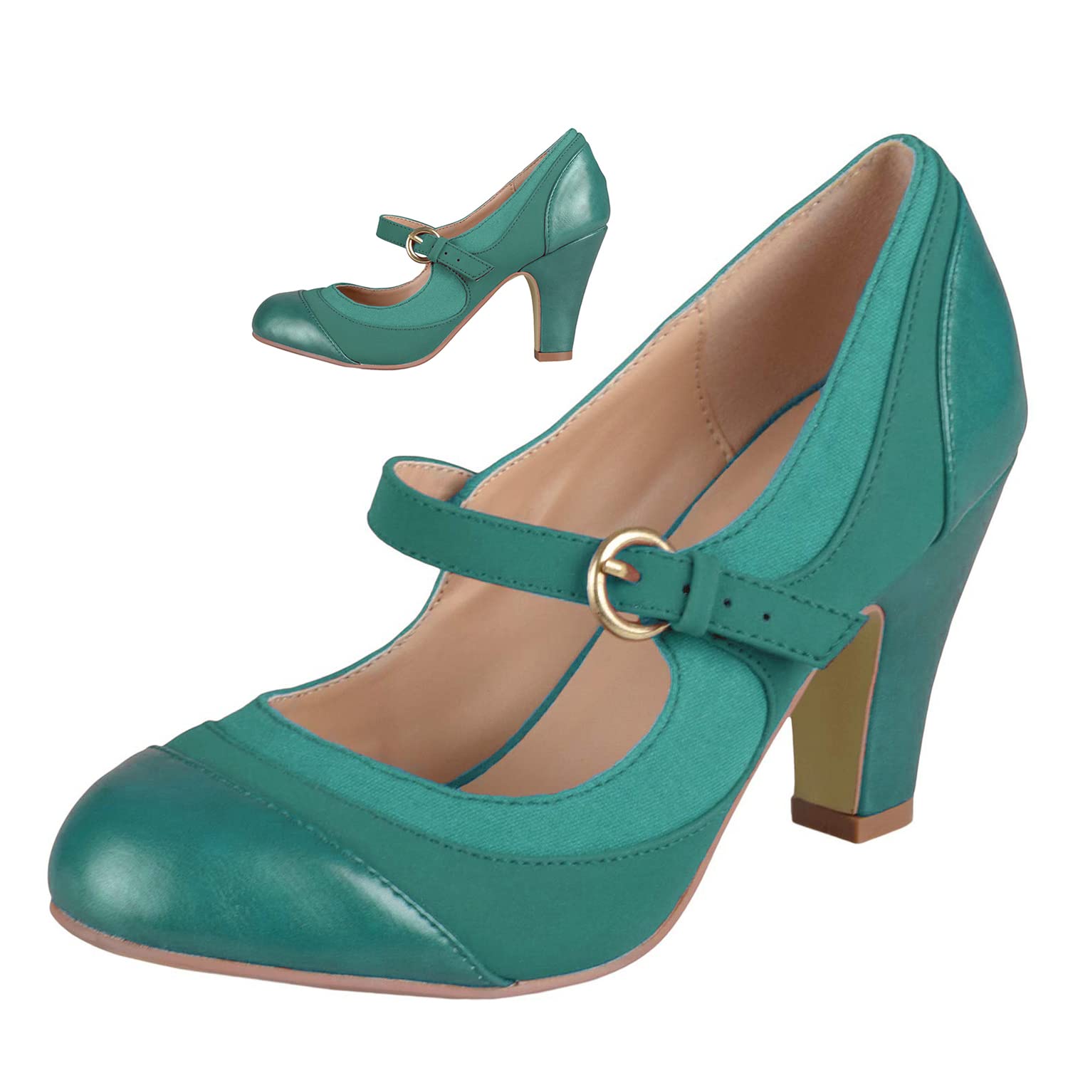 SHODENSE Women Kitten Heel Mary Jane Pumps Closed Round Toe Ankle Strap Patchwork Comfy 3” Mid Chunky Mary Jane Heels Cap Toe Two Tone Buckle Dress