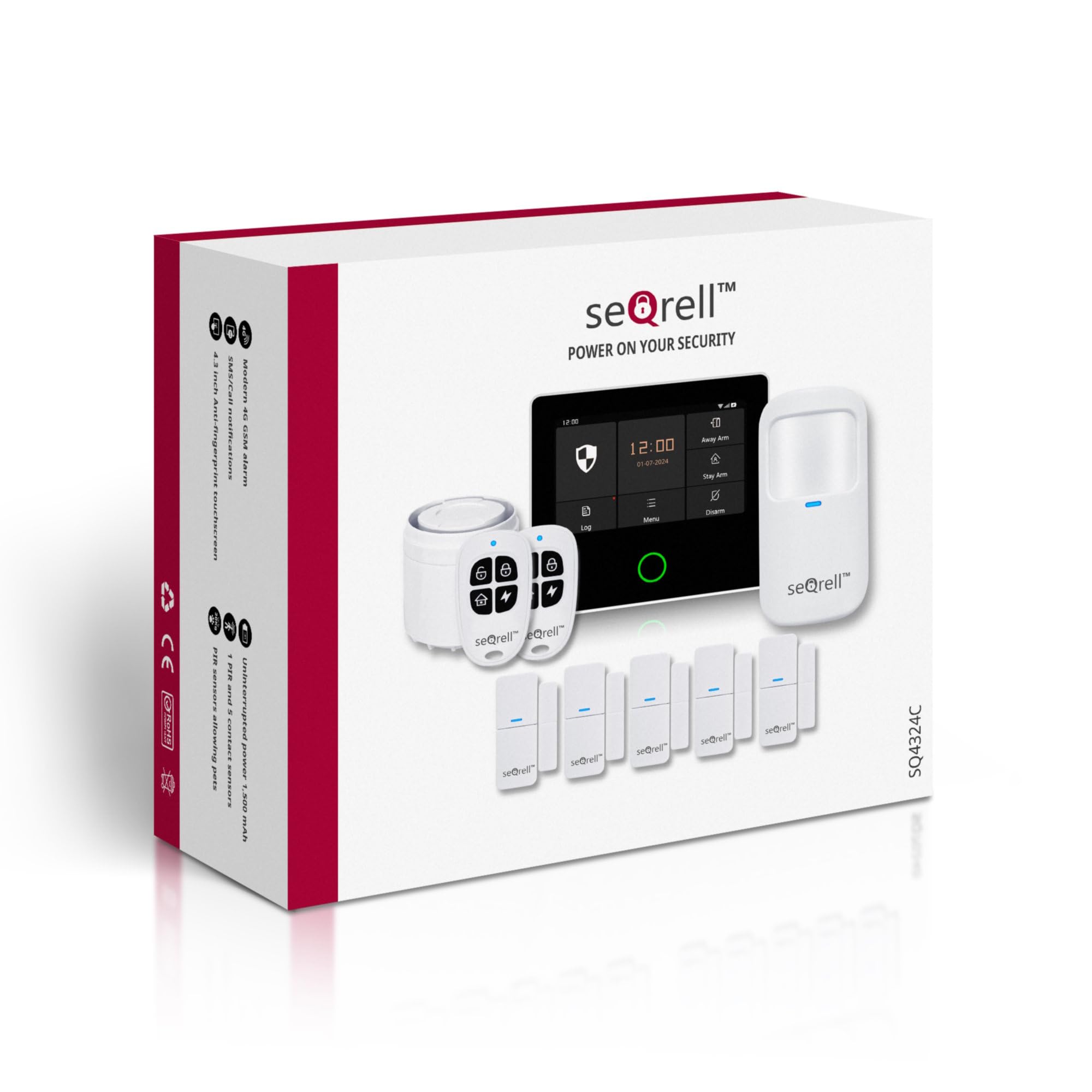 Kit Alarma Casa con Aviso al Movil, Sistema de Alarma para Casa WiFi y 4G gsm sin cuotas con Pantalla Táctil 4.3” y Batería de 1500 mAh, Aplicación Tuya Smart Life, Alexa, SQ4324C