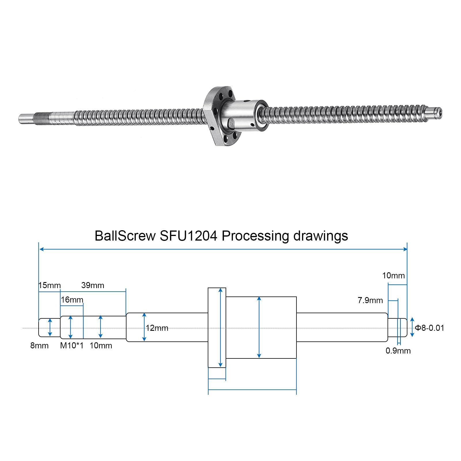 QUARKZMAN BallScrew SFU1204 (Durchmesser 12mm, Steigung 4mm, Länge 350mm) mit Kugelgewindemutter Anti-Backlash Kugelgewindespindel-Kit Standard-Endbearbeitung für BK/BF12 CNC-Maschinenteile