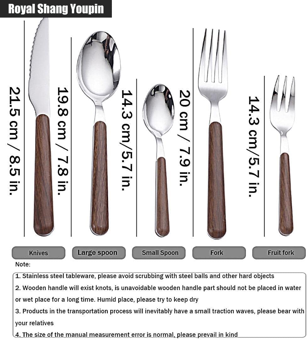Wooden Handle Kitchen Stainless Steel Silverware Tableware Flatware Cutlery 5-piece Set Steak Knife Fork Spoon Teaspoon (Silver,5 pieces)
