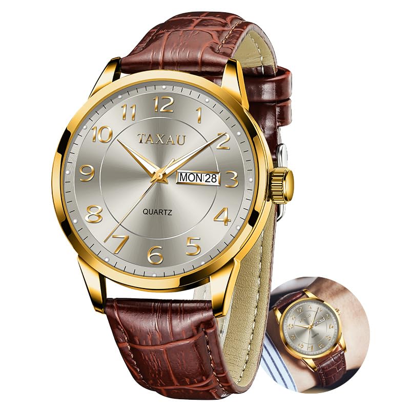 Taxau Klassische Lederuhren für Männer Analog Quartz Big Dial Luxus Armbanduhren Wasserdicht Luminous Day Date Reloj para Hombre