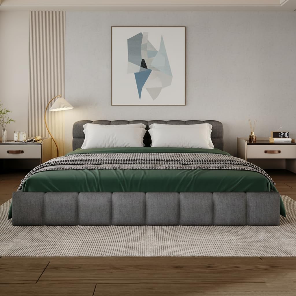 SOFTSEA King Size Upholstered Bed Frame with Checkerboard Design, Elegant Chenille Floor Upholstered Bed with Slats Support, Beige