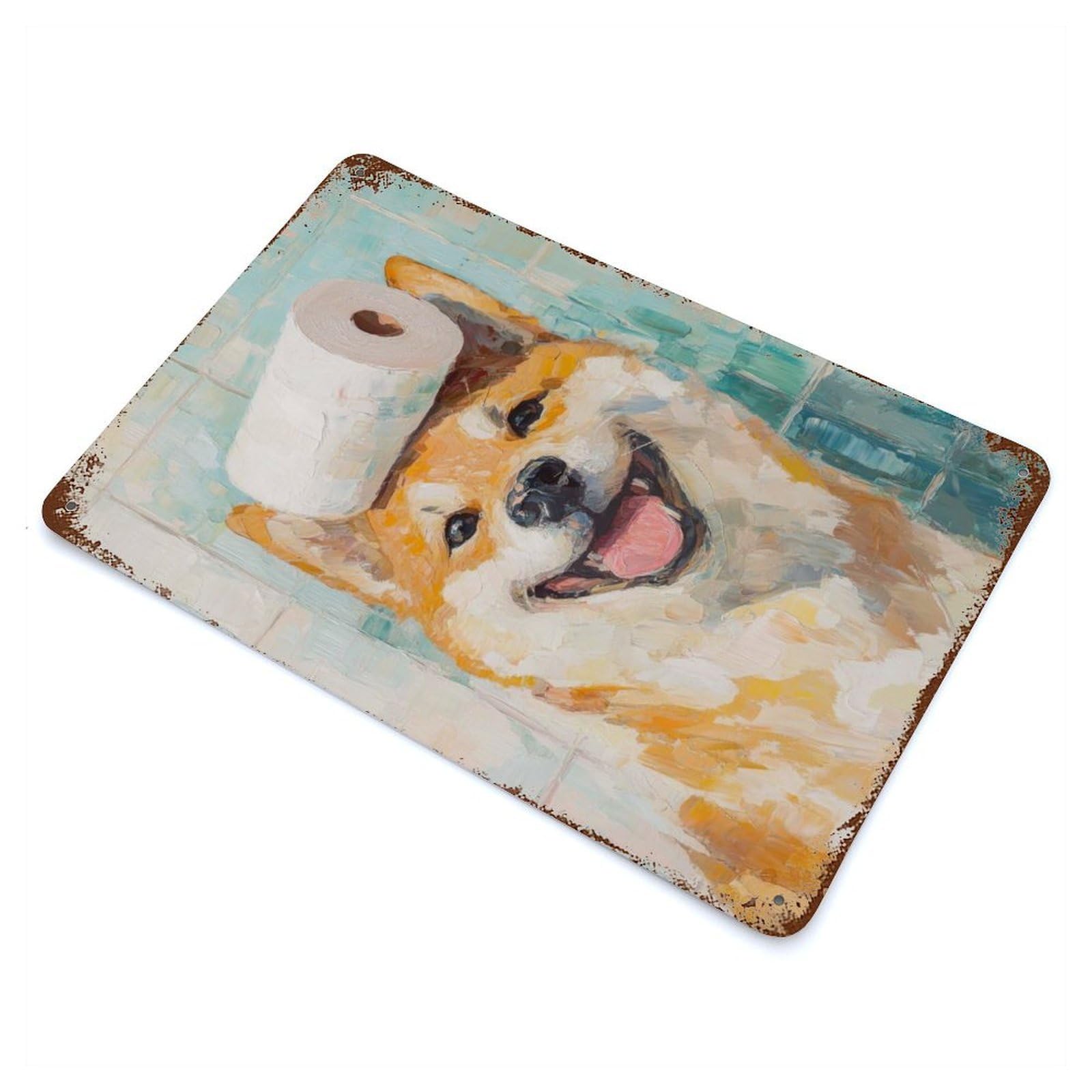Shiba Inu with Toilet Paper Rustic Tin Plaque 11.8"x7.9", for Shed, Workshop And Garage Wall Decor, Rustic Home Decor