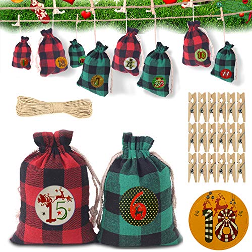 Amokee 24 Adventskalender zum Befüllen - Stoffbeutel, 24 Stücke Adventskalender Stoffbeutel mit 24 Adventszahlen Aufkleber mit Mini-Holzklammern und 10m Jute Hanfseile, DIY Festival Geschenksäckchen