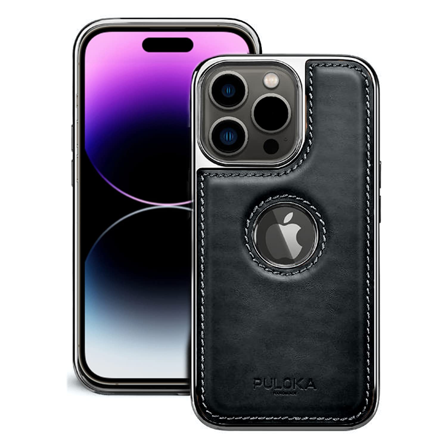 PULOKA Chrome Leather Back Case - Compatible with iPhone 13 Pro Max - Luxury Bumper Case - Flexible Vegan Leather - Electroplated Sides & Logocut - Camera Protetection & Raised Edges - Classic Black