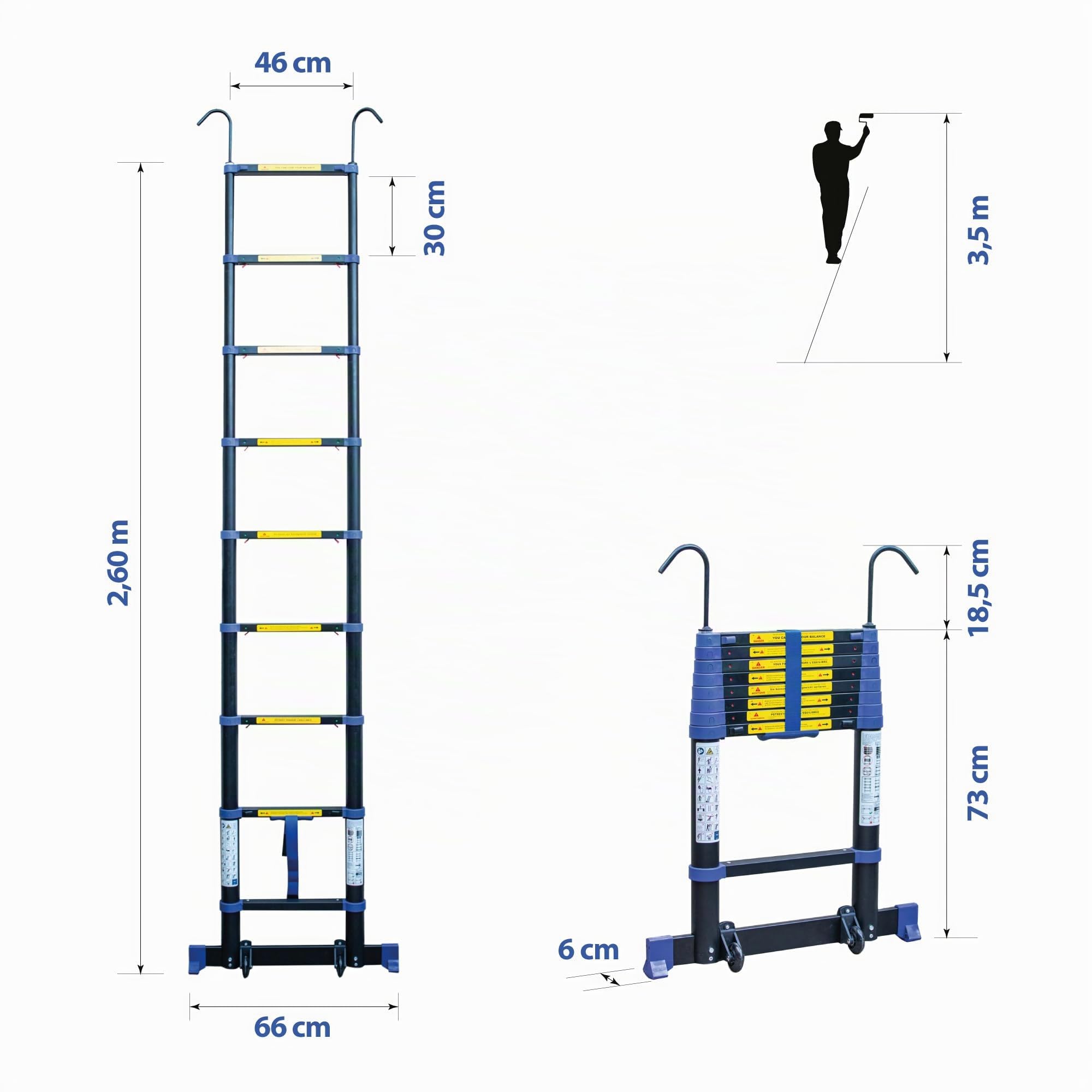 HOSTRÖM Echelle telescopique 2,6m TELESCOVA8+, Aluminium, Pliable, Extensible, Multi-Fonction, H Travail Max 3,5m, Crochets Amovibles, Garantie 5 Ans