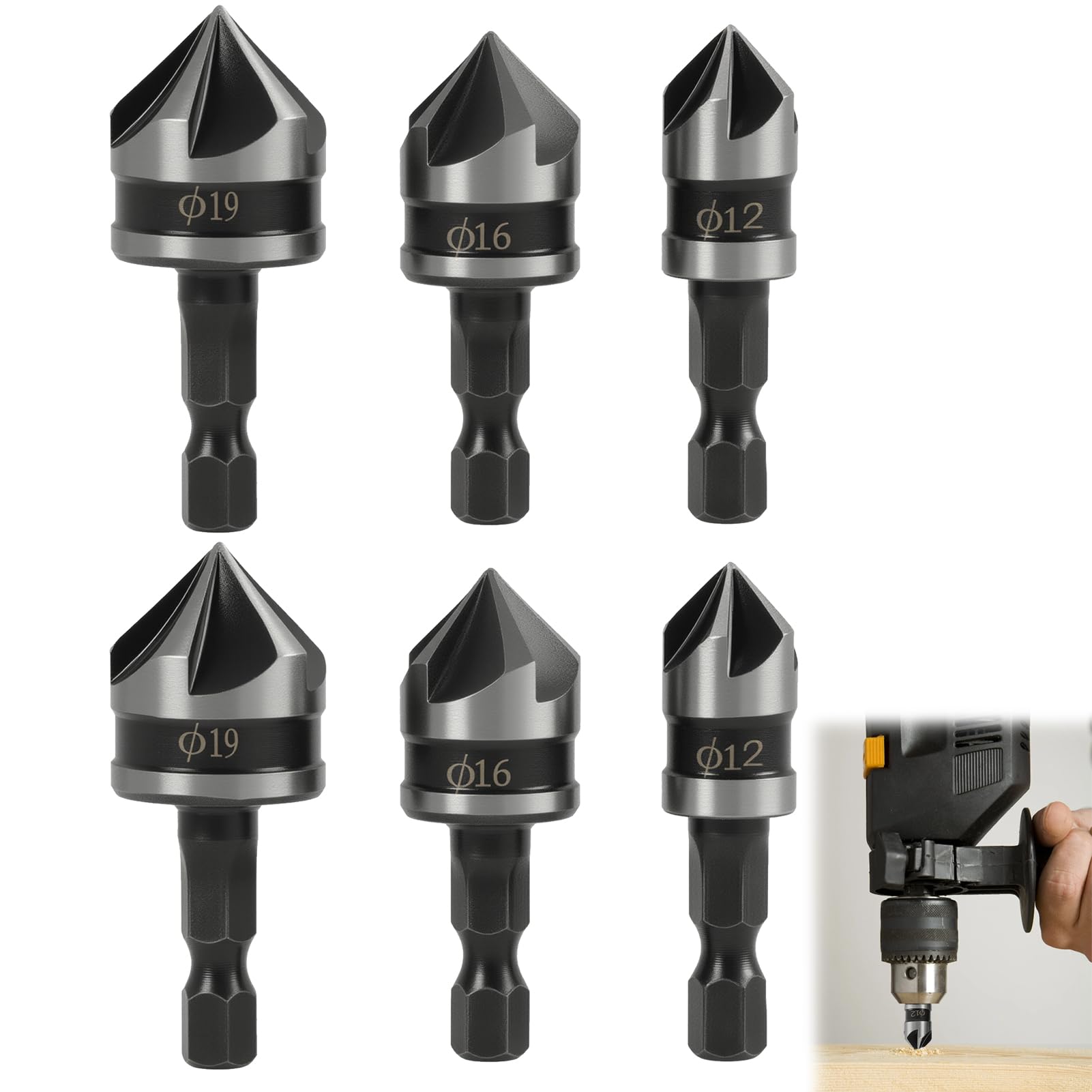LUCTHY 6PCS Countersink Drill Bit Set, 1/4" Hex Shank HSS Countersinks for Wood, 12/16/19mm Drill Bits for Screw Holes, Professional Counter Sink Set for Woodworking & DIY Projects