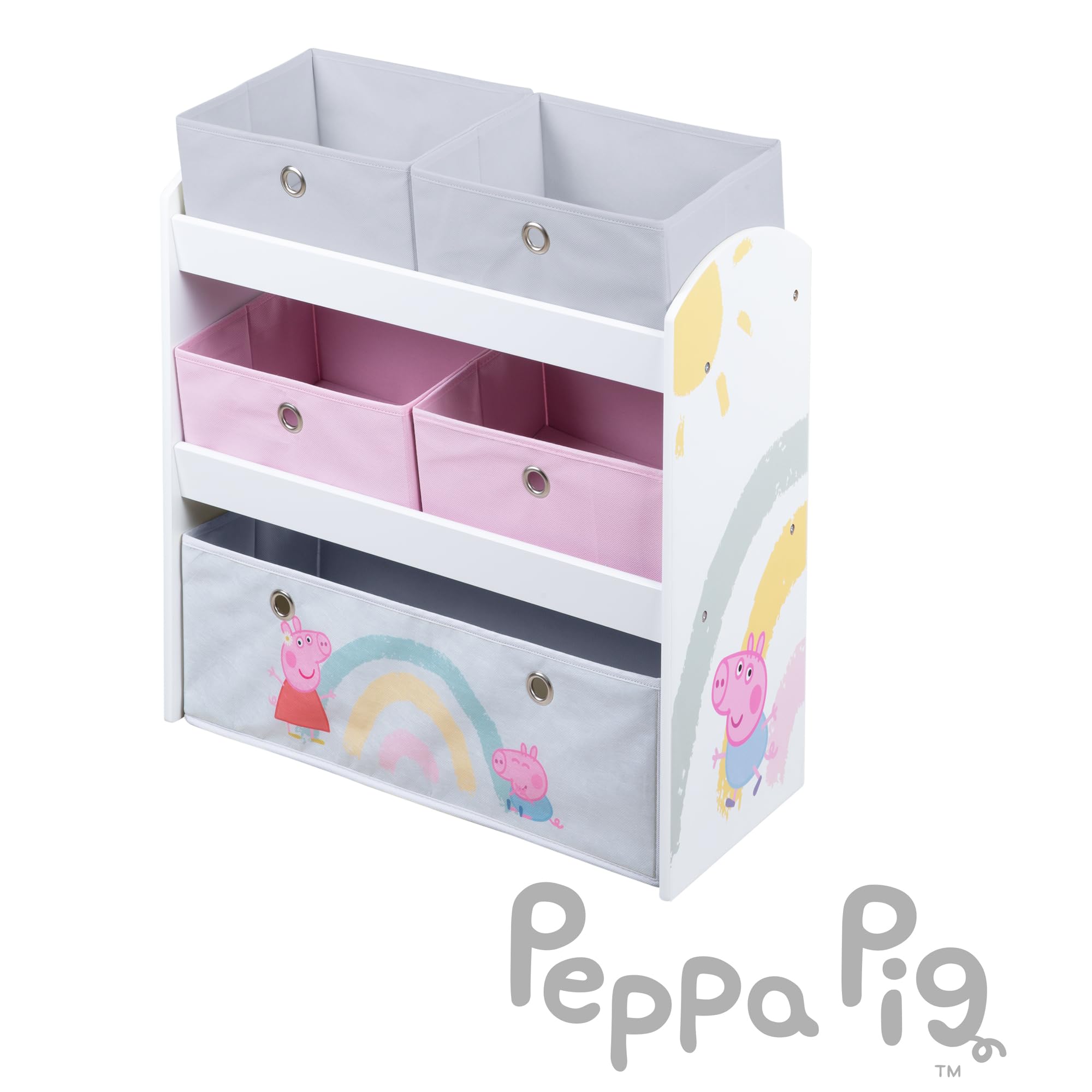 roba Estantería de Juguetes Infantil de Madera Peppa Pig - 5 Cajas de Tela Desmontables - Diseño de Cerda - Mueble de Almacenamiento para Juguetes y Libros - Rosa/Gris