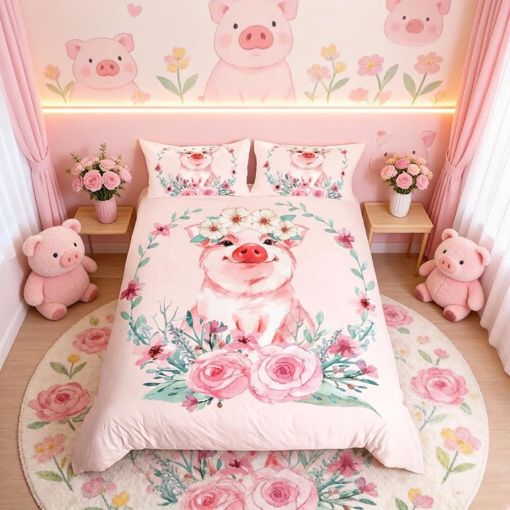 richhome Pink Pig Bedding Set King Size,Cute Animal Pig Print Comforter Covers with 2 Pillowcases,Romantic Rose Duvet Cover 3 Piece,Flowers Floral Cartoon Quilt Cover for Kids Boys Girls Room Decor — image 1