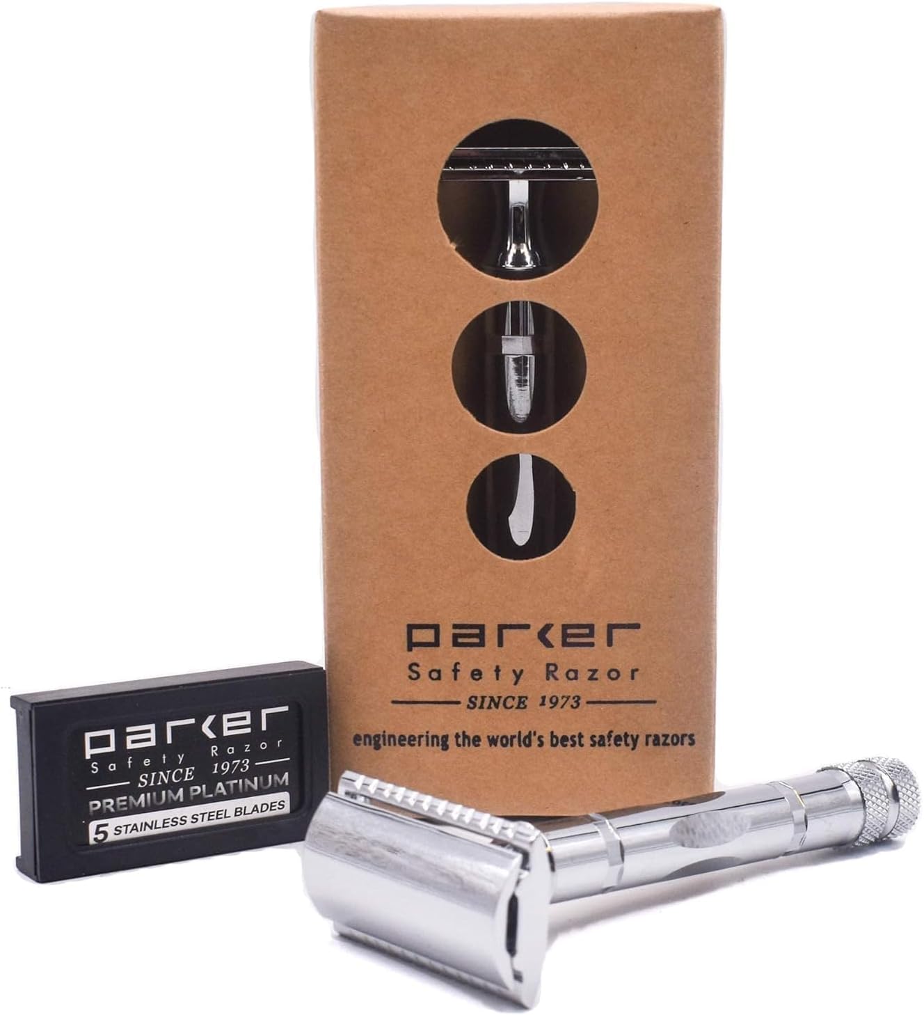 PARKER Safety Razor 89R Super Heavy Weight Double Edge Safety Razor – Classic, Modern Style – Brass, Silver – Men's Razor – 5 Premium Platinum Blades – Adult, Unisex
