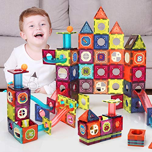 BeebeeRun 90 Piece 3D Magnetic Building Tiles,Marble Runs for Kids ,Magnet Toys,Clear Color Magnetic Building Blocks,STEM Learning Educational Playset Gift for Kids Ages 3 4 5 6 7 8+ Years Old