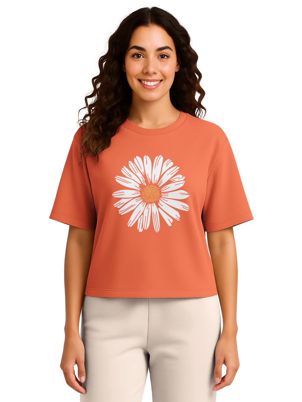 HELLCAT Trendy Printed Oversized Fit Crew-Neck Crop Tshirt for Women_Orange_Small