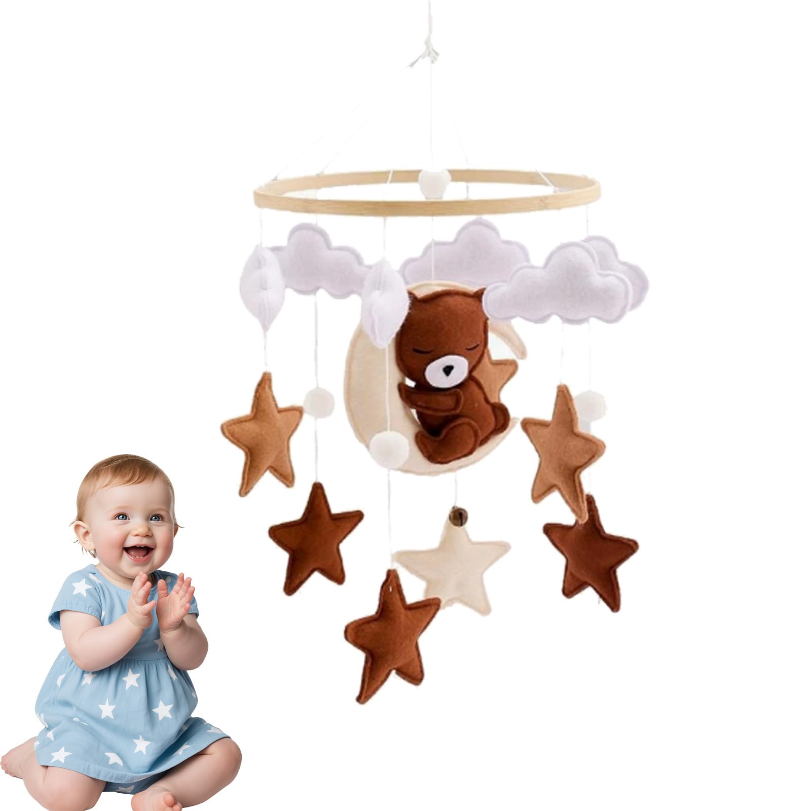  Bear & Star Cloud Hanging Mobile, Soft Felt Crib Wind Chime, Soothing Nursery Decor for Crib Bassinet Pram, Newborn Baby Shower Gift for Boys Girls (B)