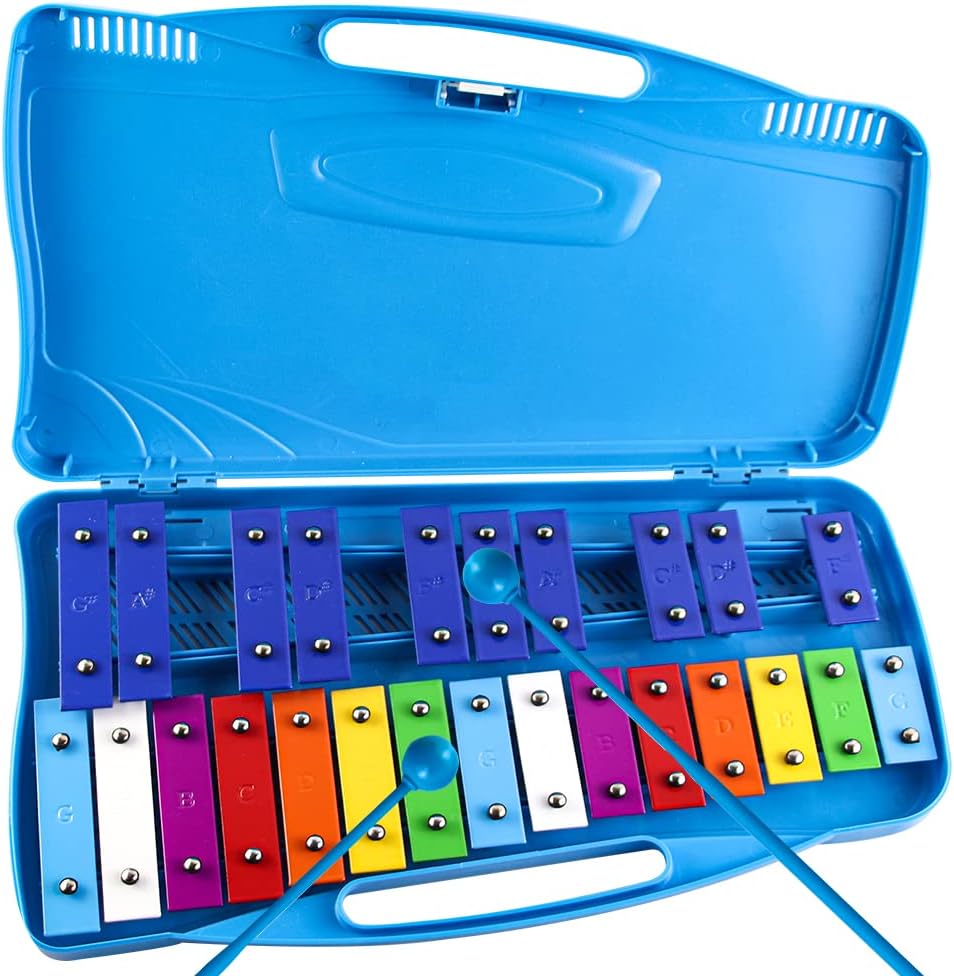 25 Notes Glockenspiel Xylophone, Professional Xylophone Percussion Instrument with Hard Case and Safe Mallets, for Student Beginners, Music Teaching and Gifts (Blue)