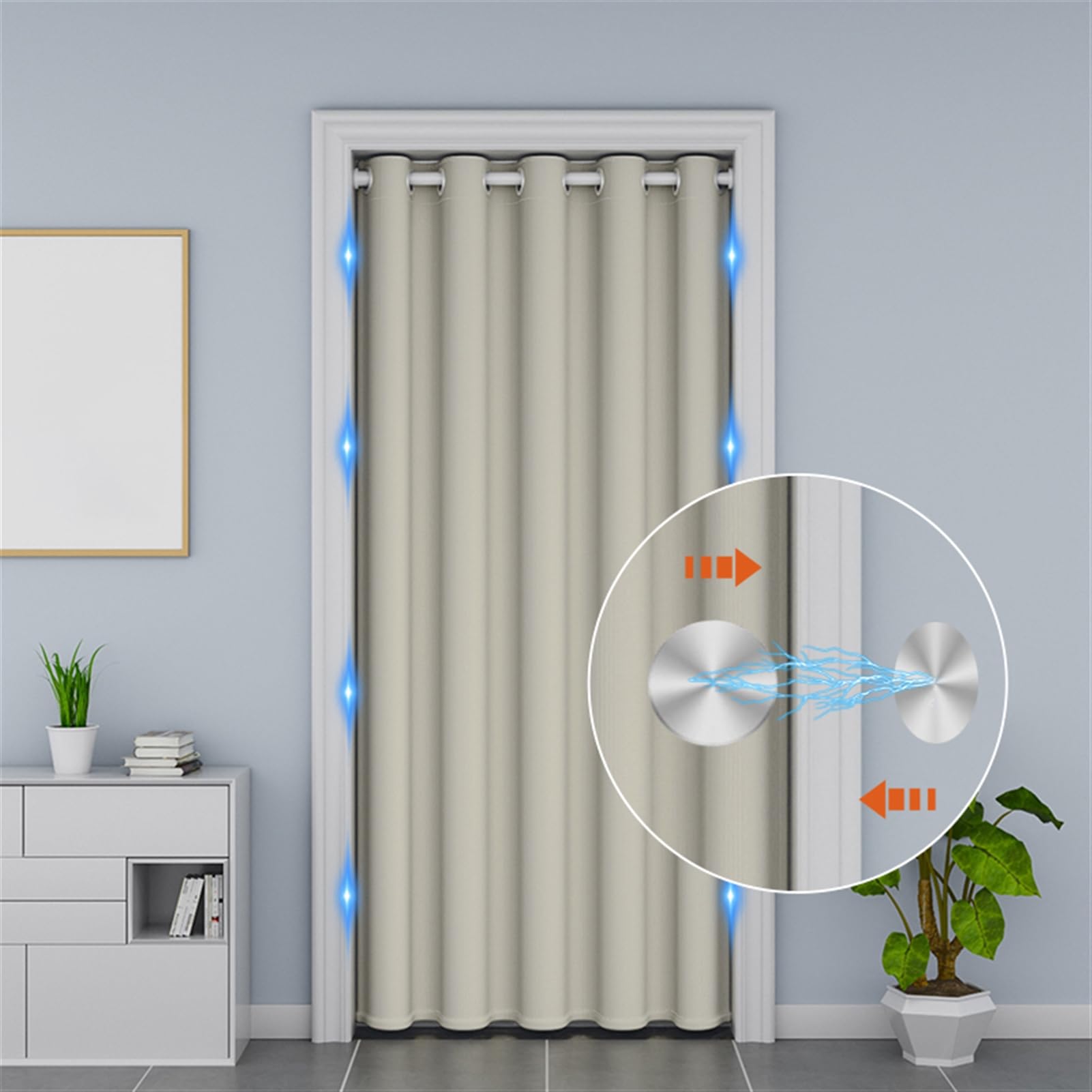 Türvorhang Blickdicht Magnetische, Thermo Vorhang Gegen Kälte mit Ösen, Raumteiler Vorhang, Akustik Vorhang Lärmschutz für Küche Türrahmen, Schrank, 1 Stück, Beige, 180x180cm
