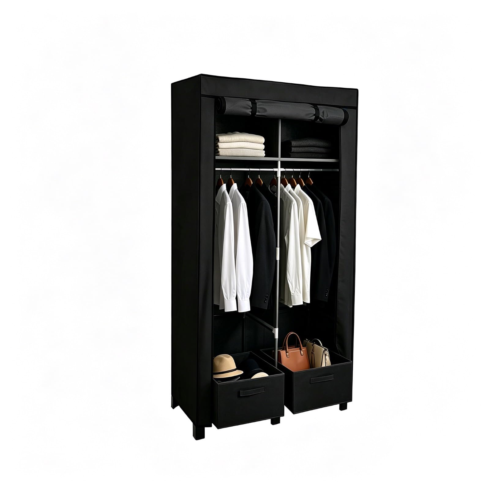BREEZENEST Foldable Fabric Closet for Bedroom Canvas Portable Closet Storage Organizer Dust-Proof Fabric Wardrobe for Bedroom Dorm & Cloakroom with Reinforced Metal Frame 170×45×85cm Black