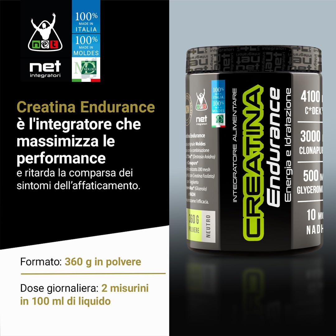 Net Integratori CREATINA ENDURANCE 360g - Creatina Monoidrata Micronizzata Clonapure - Maggiore Resistenza alla Fatica, Massimizza Forza, Potenza e Energia - Allenamenti ad Alta Intensità