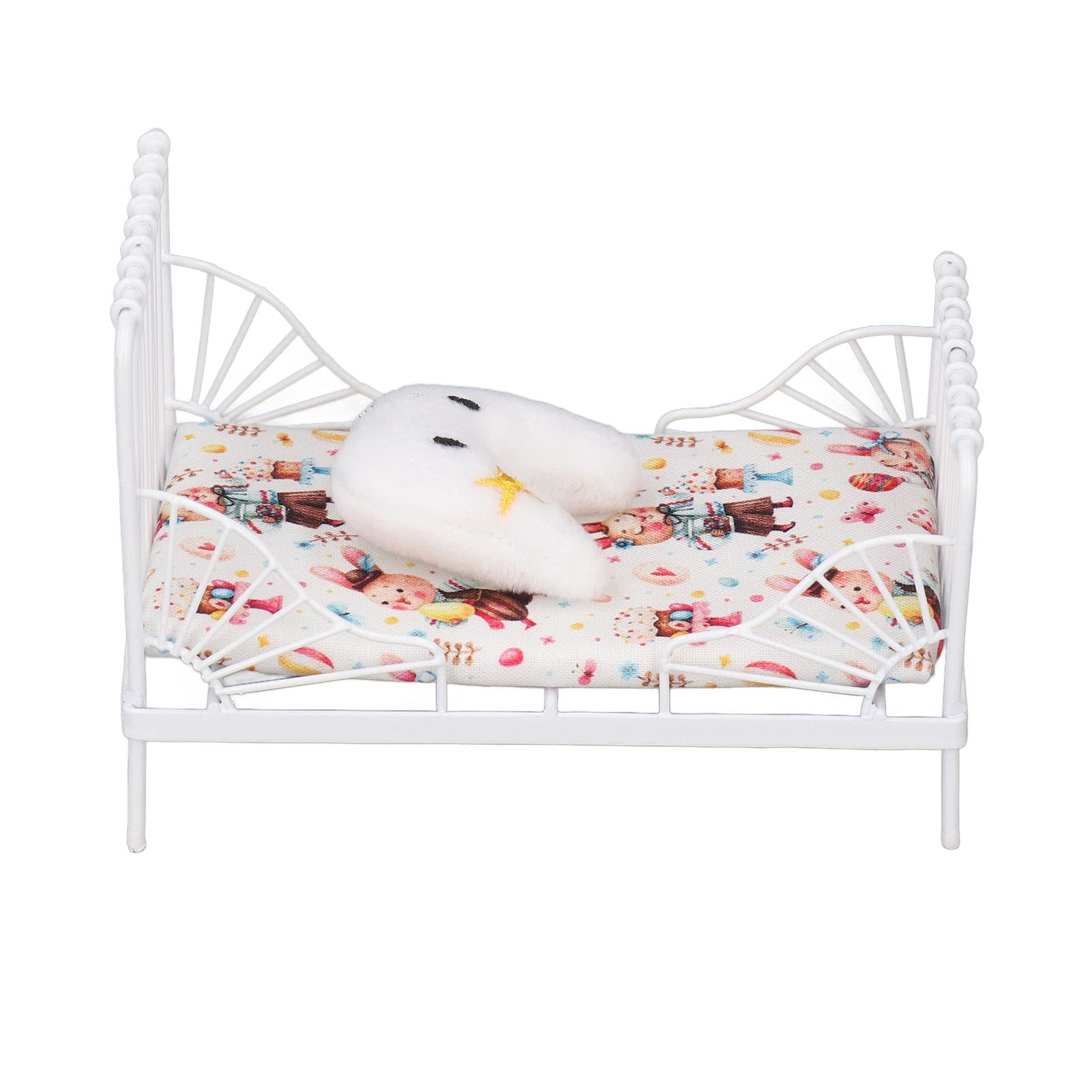 1/12 Scale Dolls House Miniature Single Iron Bed Dollhouse Bedroom Furniture Accessories, Miniature Bedding Set, Doll Party Supplies, White (A)