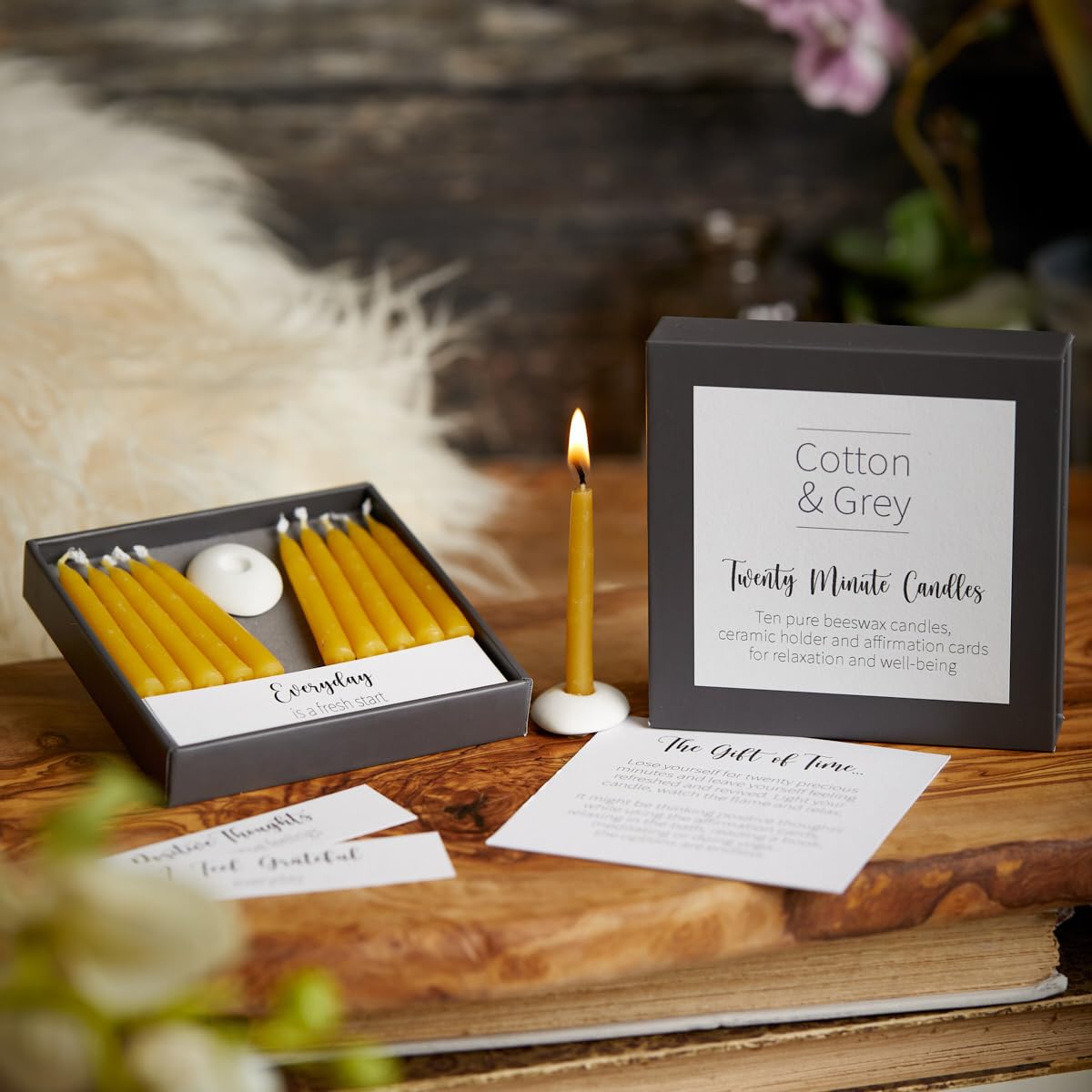 Cotton & Grey Natural By - 12 Pure Beeswax Twenty Minute Candles With Ceramic Holder