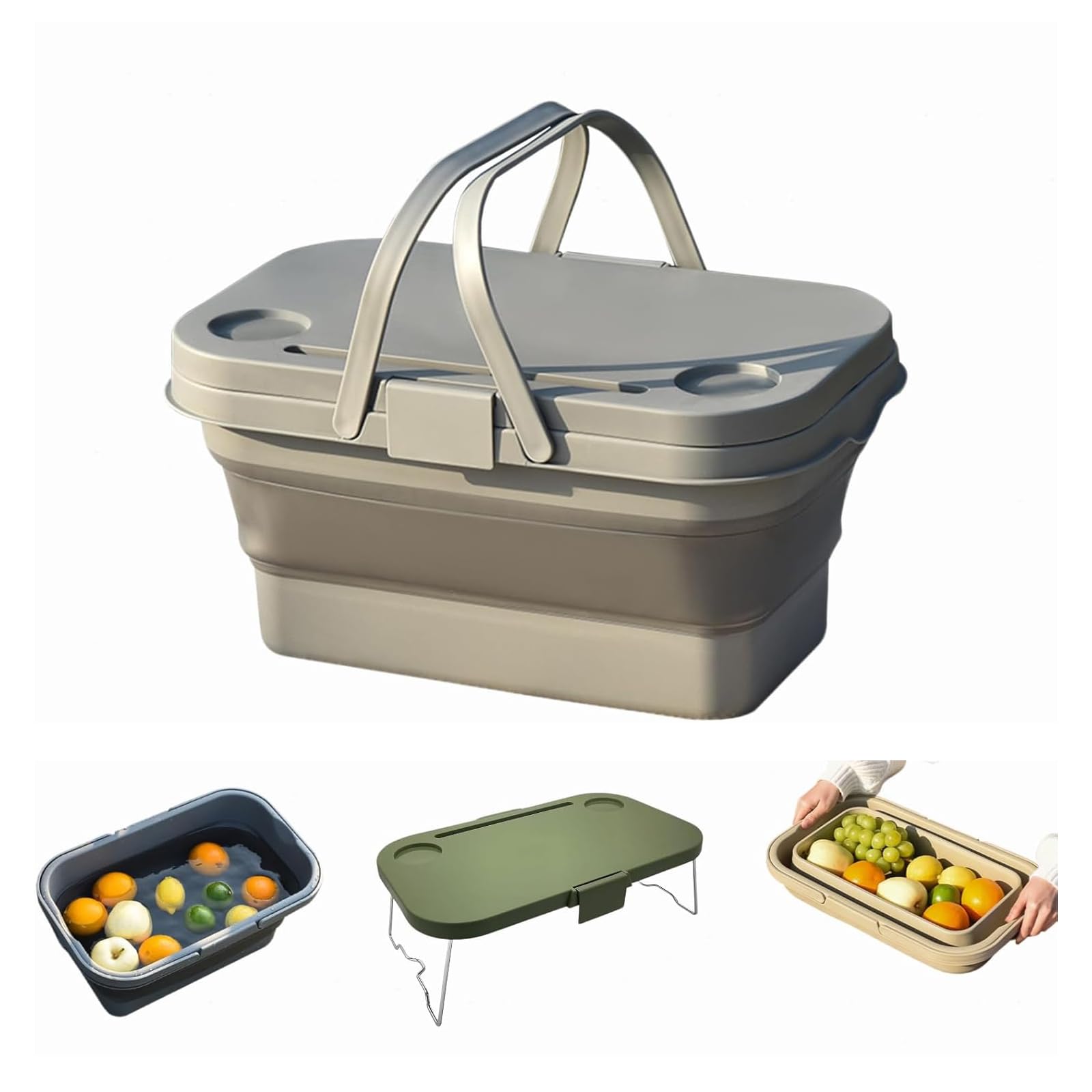 7-in-1 Collapsible Picnic Basket with Table – Foldable Large Capacity Camping Basket,Picnic Basket with Handles & Lid as Stand Up Table,Lightweight Storage Container for Camping,Travelling (Grey)