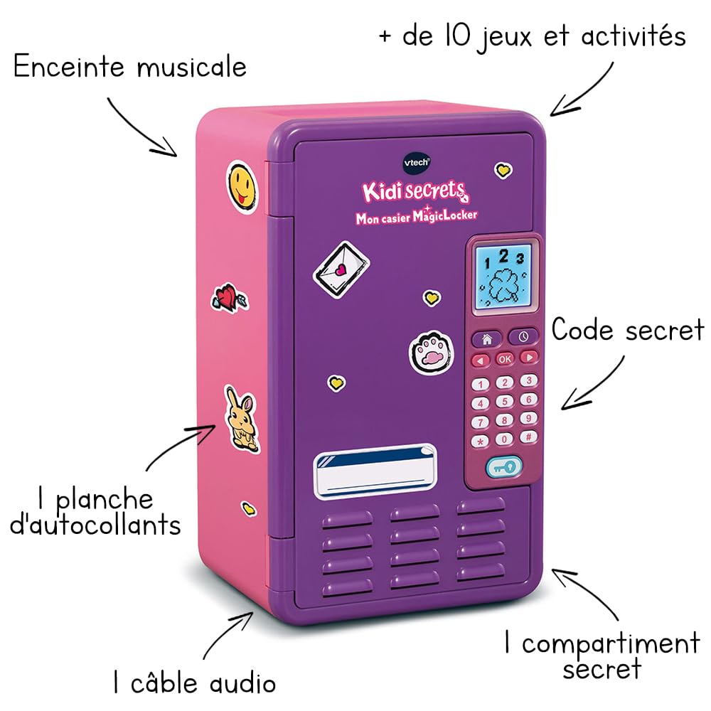 VTech - KidiSecrets, Mon Casier MagicLocker Violet et Rose, Coffre-Fort Secret avec Code, Enceinte, Jeux, Réveil, Boîte à Trésors à Personnaliser, Cadeau Enfant de 6 à 12 Ans - Contenu en Français
