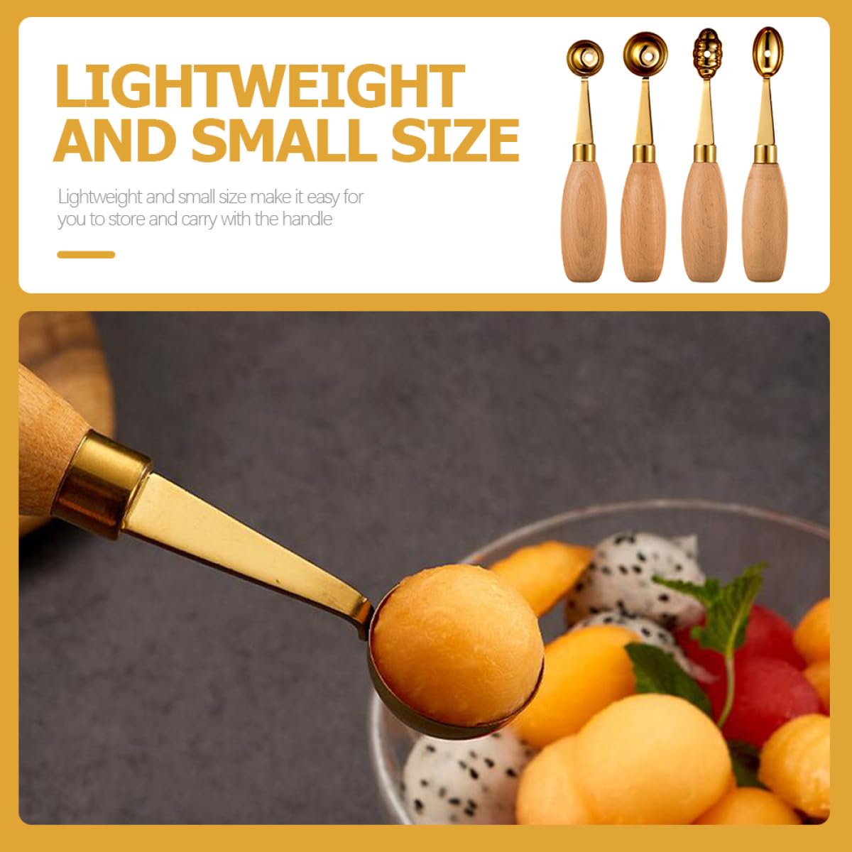 Hacer Bolas de Melón Juego de 4 Cucharas Redondas Fáciles de Usar de Acero Inoxidable y Madera Ideales para Postres Decorativos en Casa