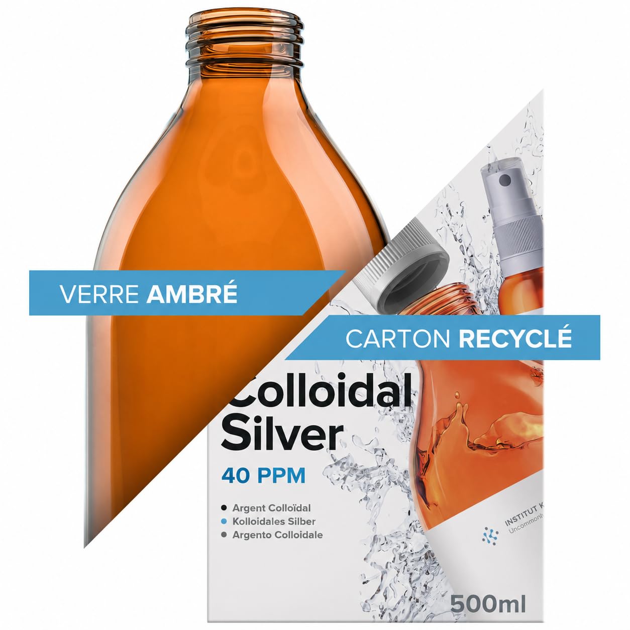 Argent Colloïdal 300 ml - 40 PPM - Bouchon Doseur et Spray 30ml à Remplir - Fabriqué en France