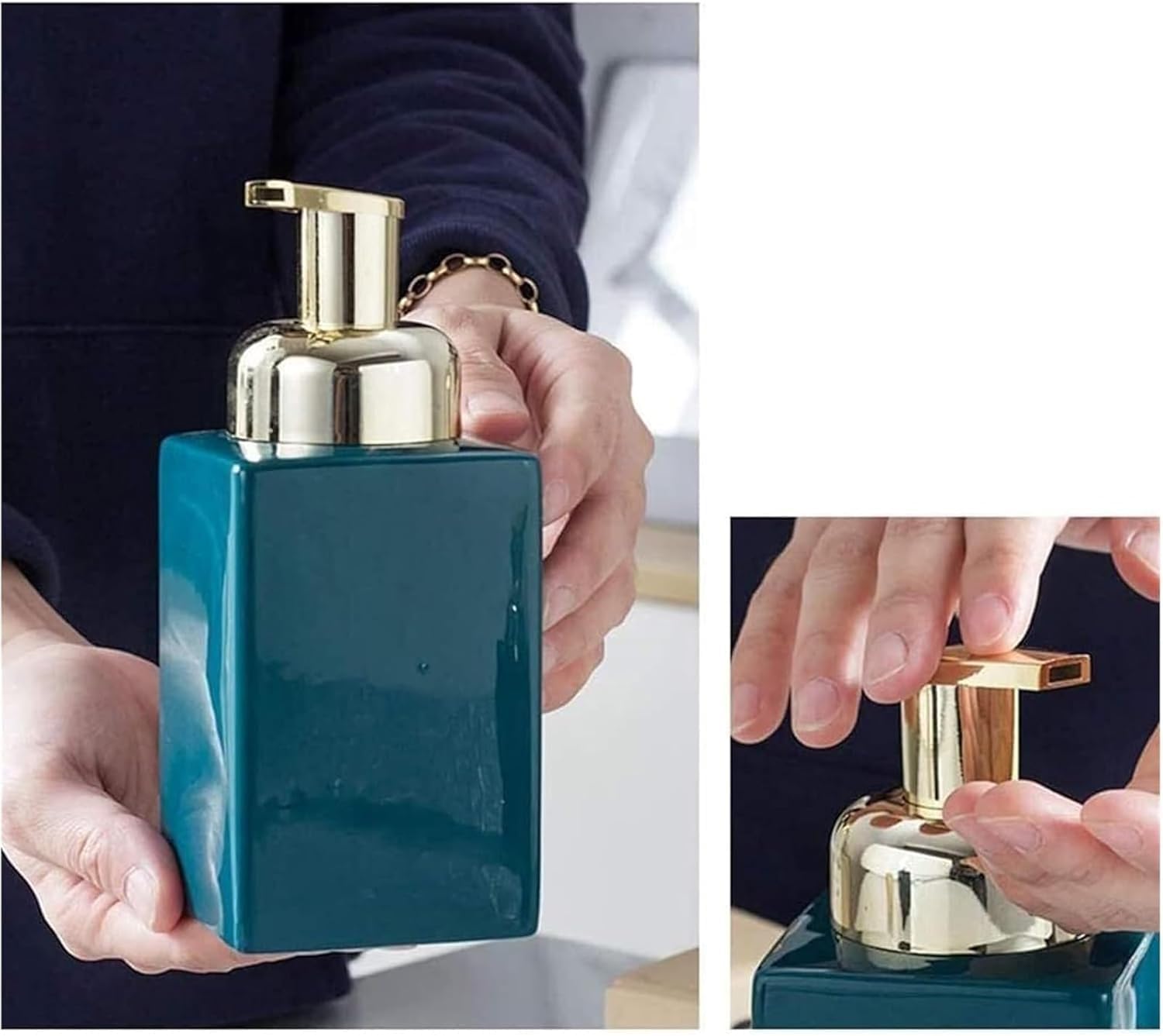 Seifenspender, Badezimmer, Flasche, eleganter Keramikschaum mit goldenen Pumpflaschen, 420 ml.(White)