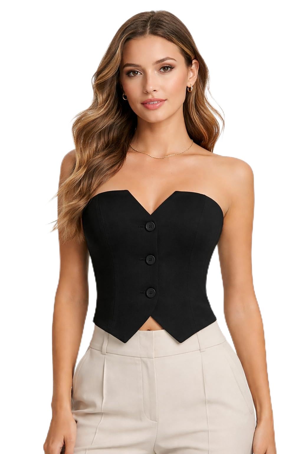 Women's Strapless Cropped Waistcoat Vest, Button Front, Elegant Everyday Style, 100% Cotton-image-36