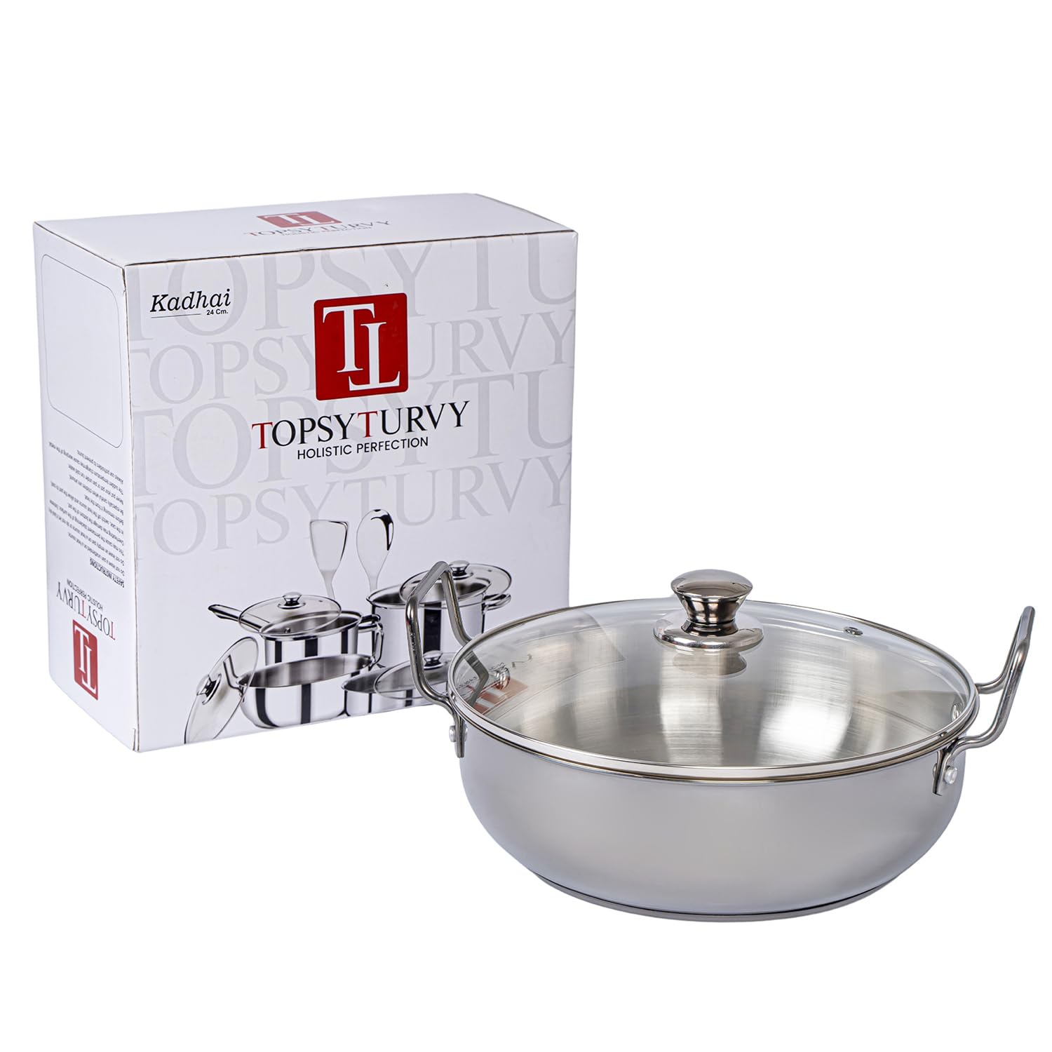 TOPSYTURVY Stainless Steel Black PVD Kadhai with Glass Lid 24 CM | Induction & Gas Compatible | Heavy Bottom Cookware for Healthy Cooking 3 Liter Capacity 3
