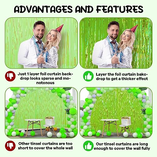Image of Voircoloria 2 Pack 3.3x8.2 Feet Neon Green Foil Fringe Backdrop Curtains,Tinsel Streamers Birthday Party Decorations,Fringe Backdrop for Margaritas Themed Party Decorations,Baby Shower,Disco Party