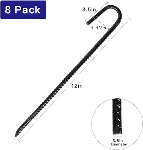 Miniatura 2 de QJL Estacas de refuerzo de 12 pulgadas paquete de 8 estacas galvanizadas de gancho en J resistente estacas de metal de acero para tienda de campaña