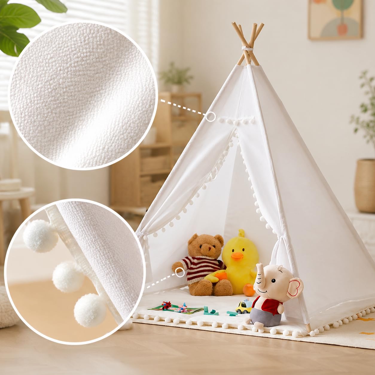 Tipi Zelt für Kinder Indoor aus Canvas und Holz – Gemütliches Spielzelt für Kinderzimmer mit Pompons als Kinderzimmer Deko