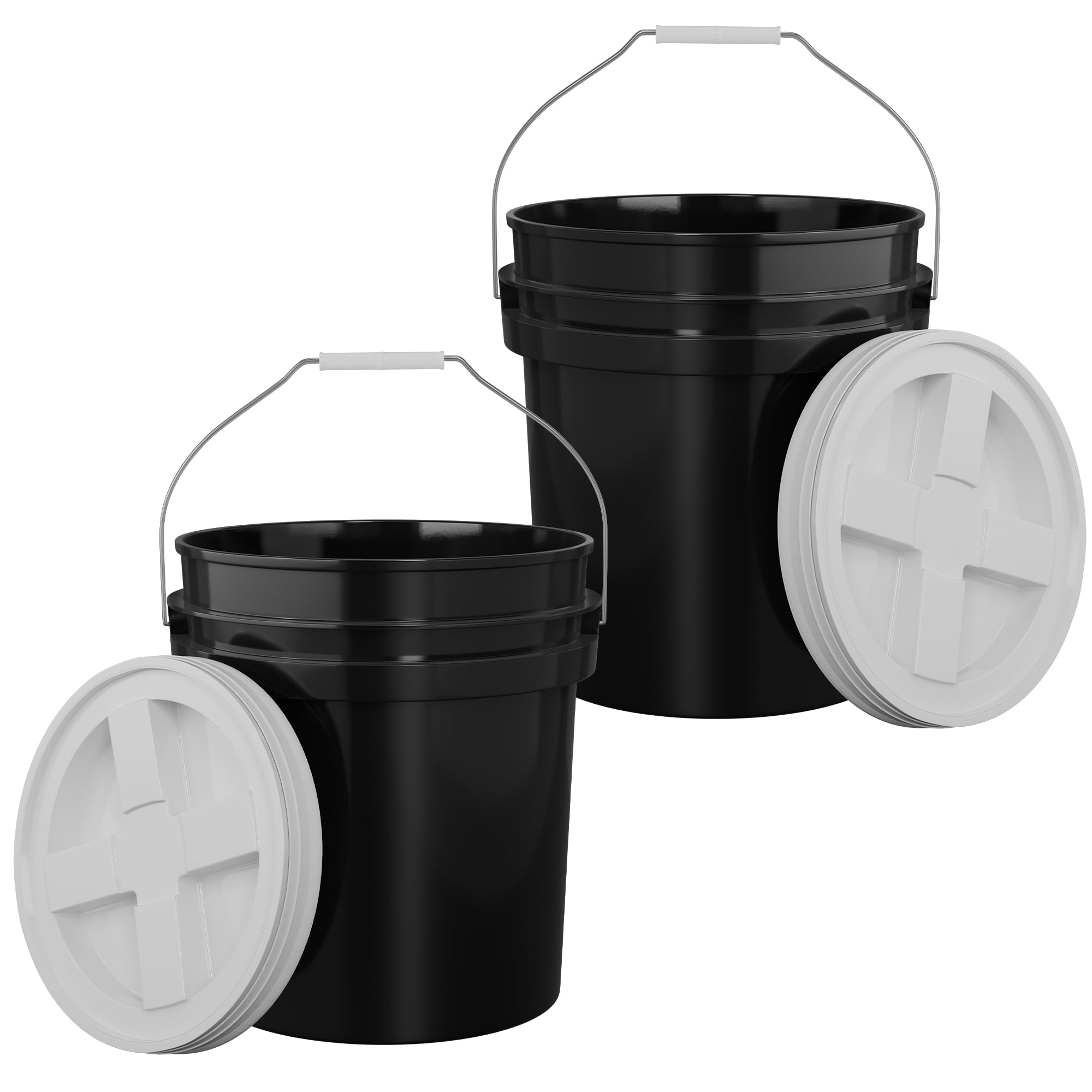 5-Gallon Black Bucket Pail with Gamma Seal Screw on Airtight Lid, Metal Handles with Plastic Grip for Easy Carrying, Easy Stack and Store, Heavy-Duty 90MIL Extra Durable, Food Grade, BPA Free - 2 Pack