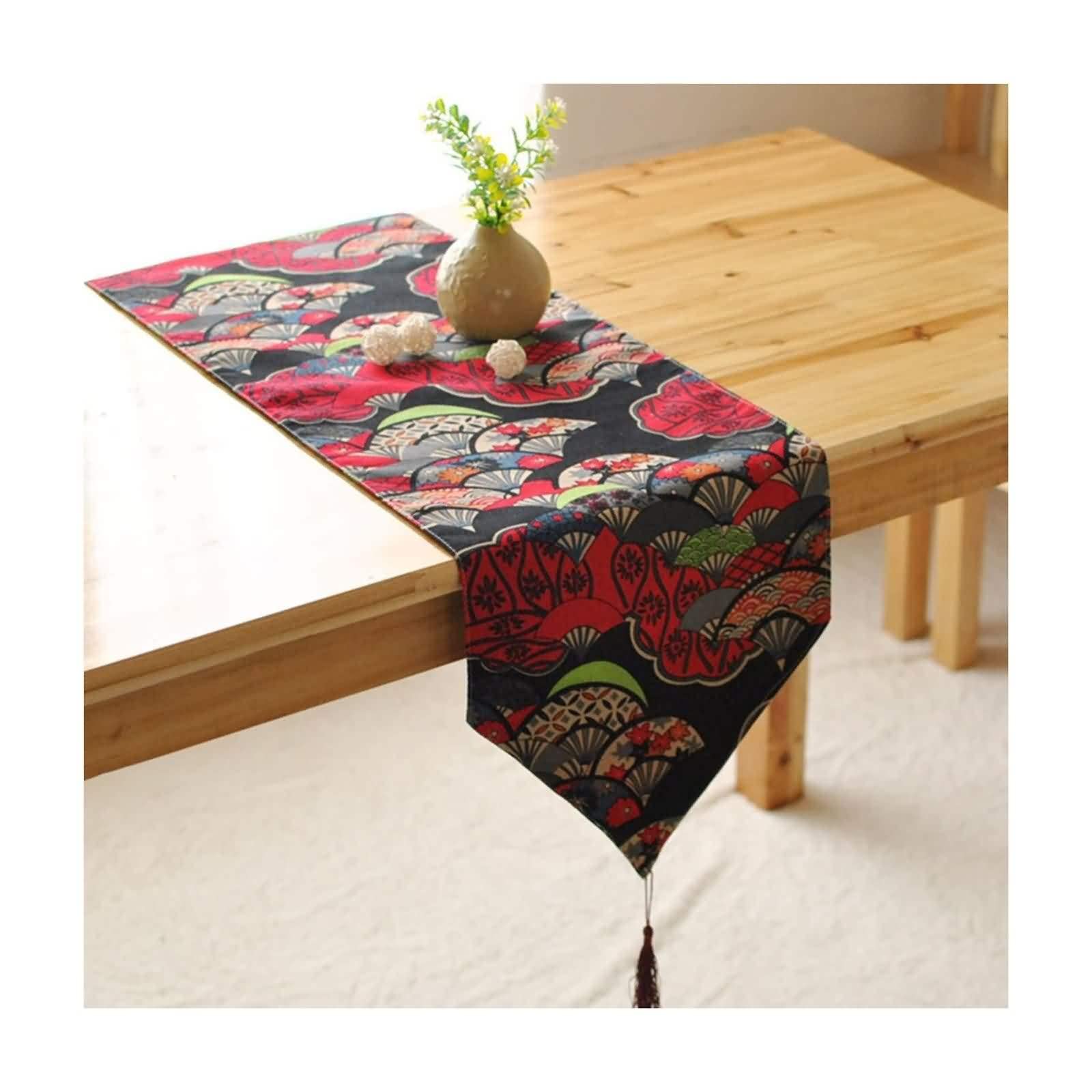 Runner da tavolo per San Valentino, runner autunnale, rosso, 40 x 200 cm, motivo ventaglio vintage in cotone e lino sala da pranzo moderna cucina soggiorno arredamento