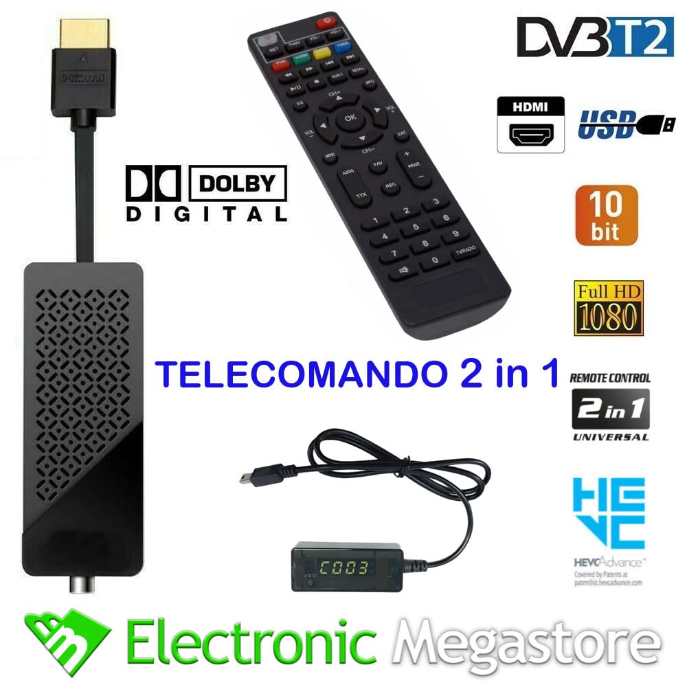 Decoder Digitale Terrestre HDMI STICK TV DVB-T2 H.265 HEVC 265 10 bit DVB-T2 HD Mini Stick USB Ricevitore Formato Pocket Piccolo PER RETRO TV CON CAVO HDMI INTEGRATO