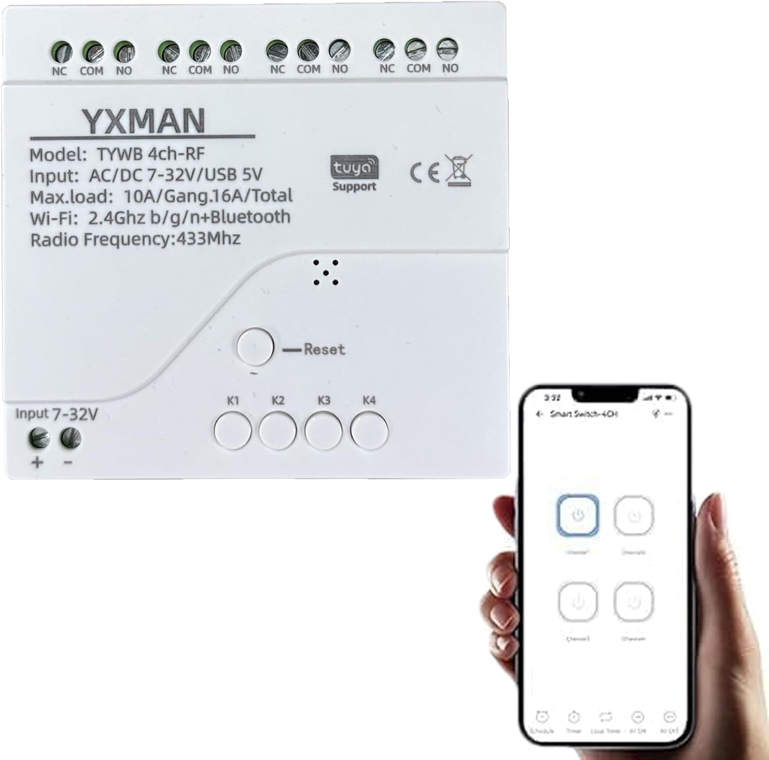 4CH Smart WiFi Wireless Relay Switch Module, USB 5V AC 7-32V, Tuya App Compatible with Alexa & Google Home