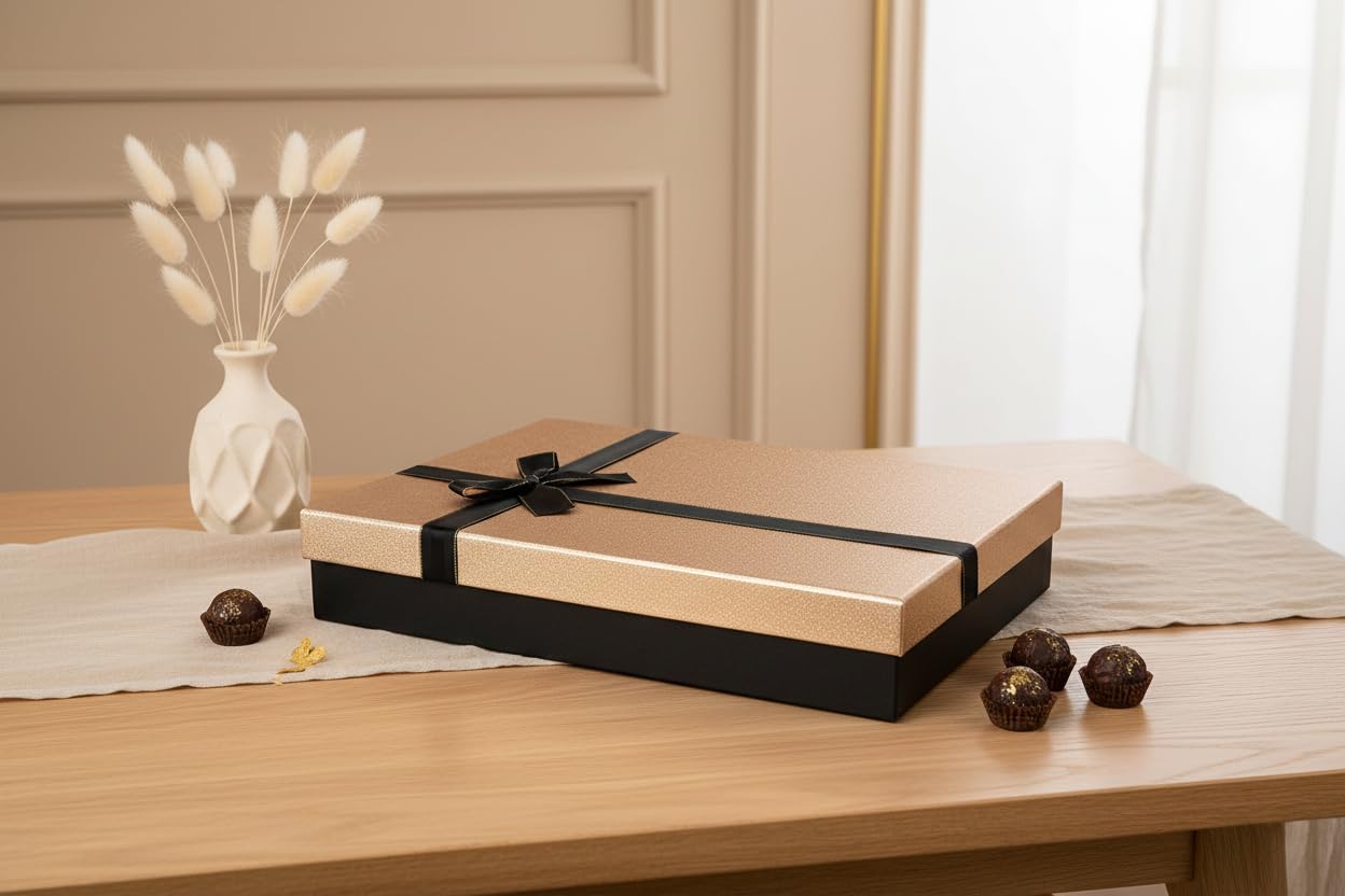 Emartbuy Lot de 2 boîtes cadeaux rigides de luxe - Base noire avec couvercle à paillettes dorées - Paniers rectangulaires pour cadeaux, mariages et cadeaux d'entreprise - Taille L : 42 x 30 x 8,5 cm