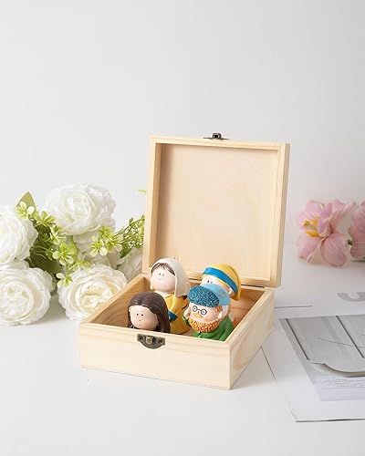 Caja de madera vintage de 12 piezas con tapa con bisagras y hebilla frontal, caja de recuerdo pequeña de 4.6 x 4.6 x 1.8 pulgadas, caja de madera